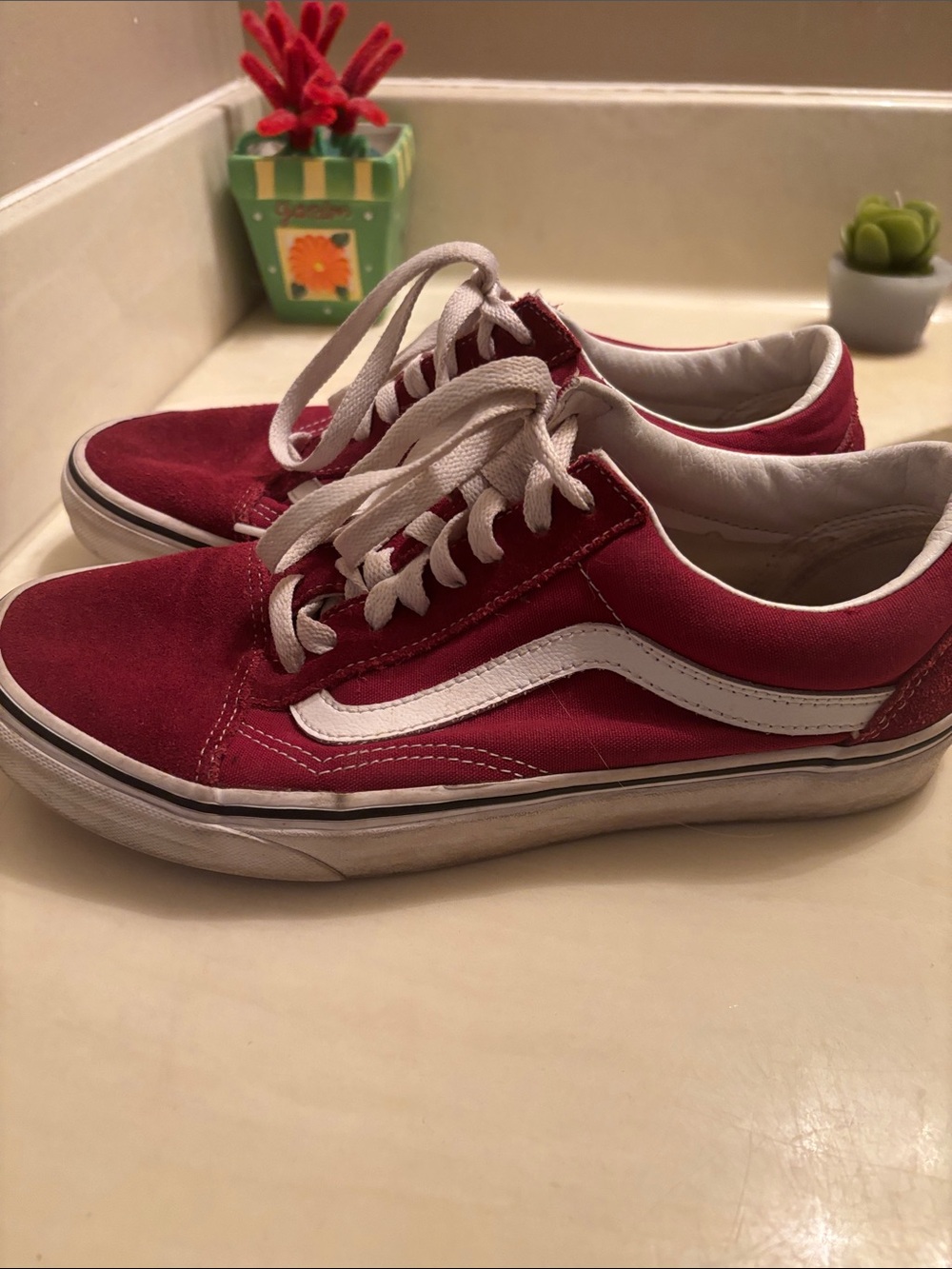 Vans Red Low-Top Canvas Sneakers with White Stripe